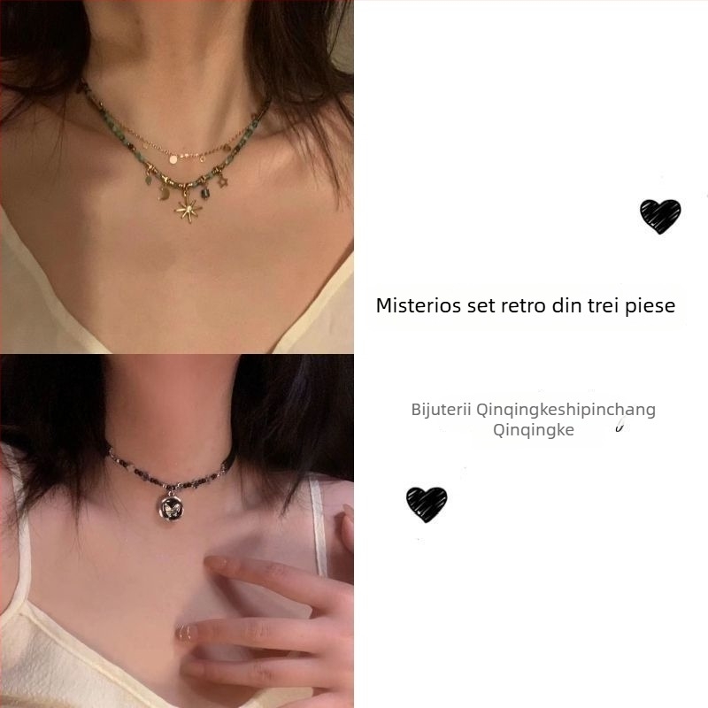 Colier de damă cu mărgele în formă de stea și lanț clavicular, 31-40 cm, aliaj, primăvara 2025, stil retro medieval vintage