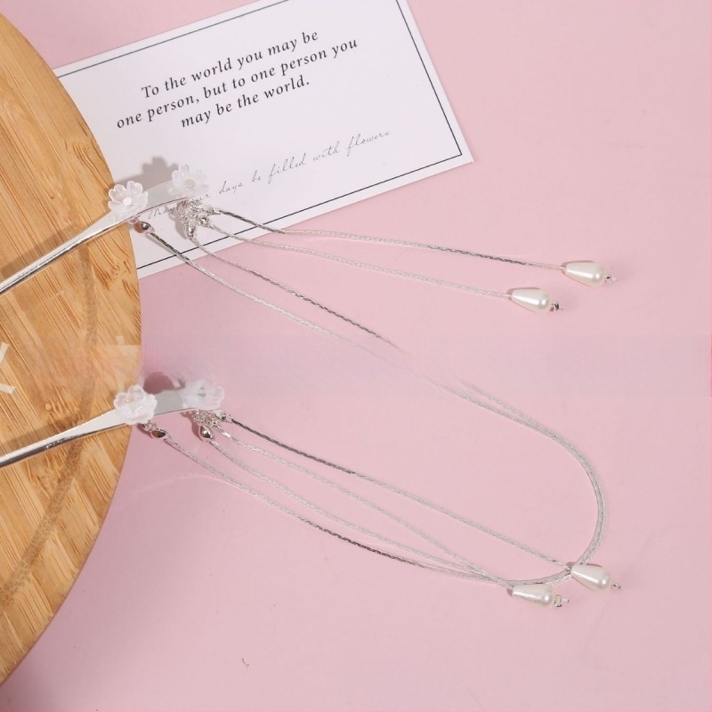 Cleme pentru păr cu floare dublă și lanț cu ciucuri, din metal argintiu, stil antic