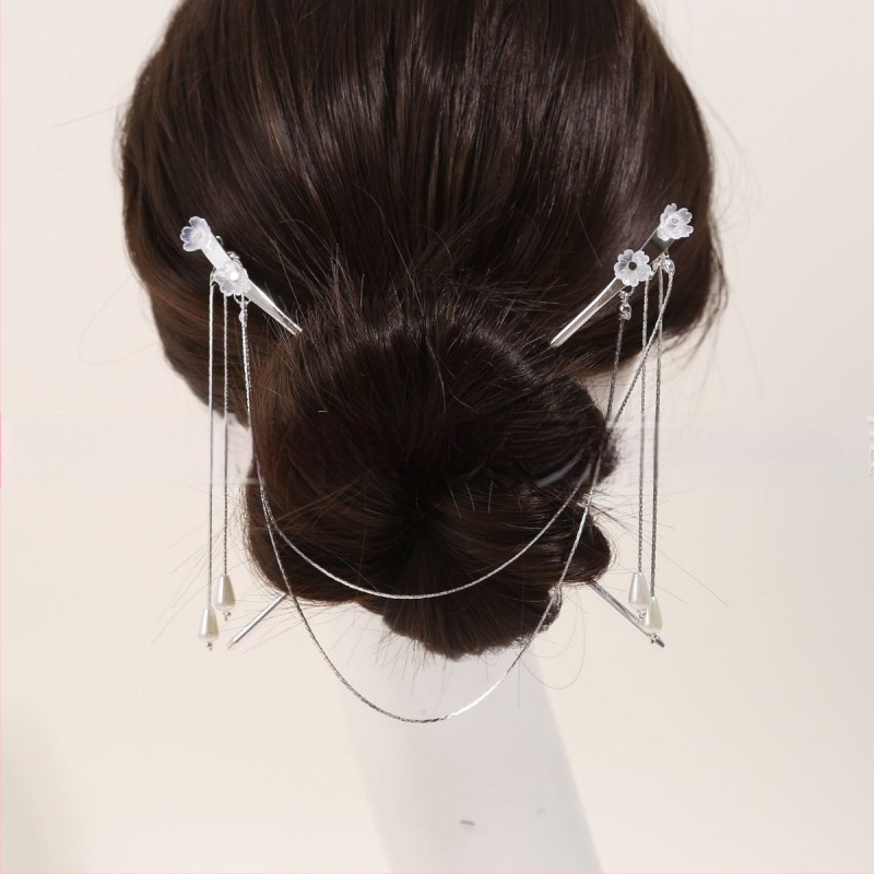 Cleme pentru păr cu floare dublă și lanț cu ciucuri, din metal argintiu, stil antic