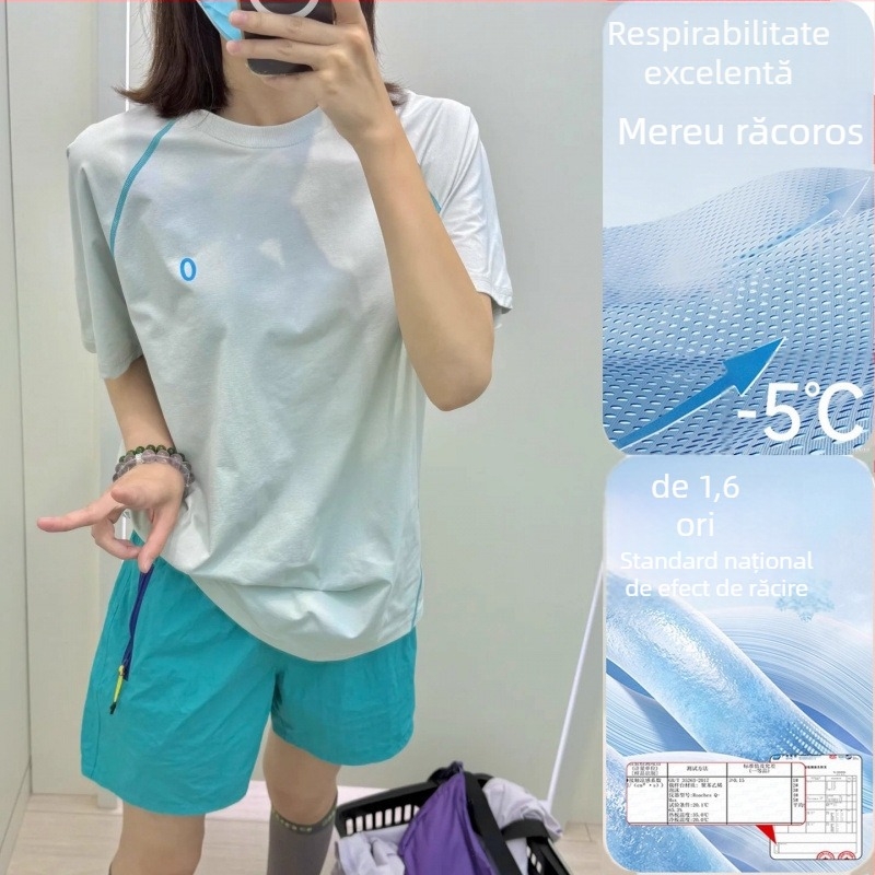 Tricou feminin ușor răcoros, cu protecție UV, uscare rapidă, mânecă scurtă, top sport lejer pentru alergare, ciclism și badminton