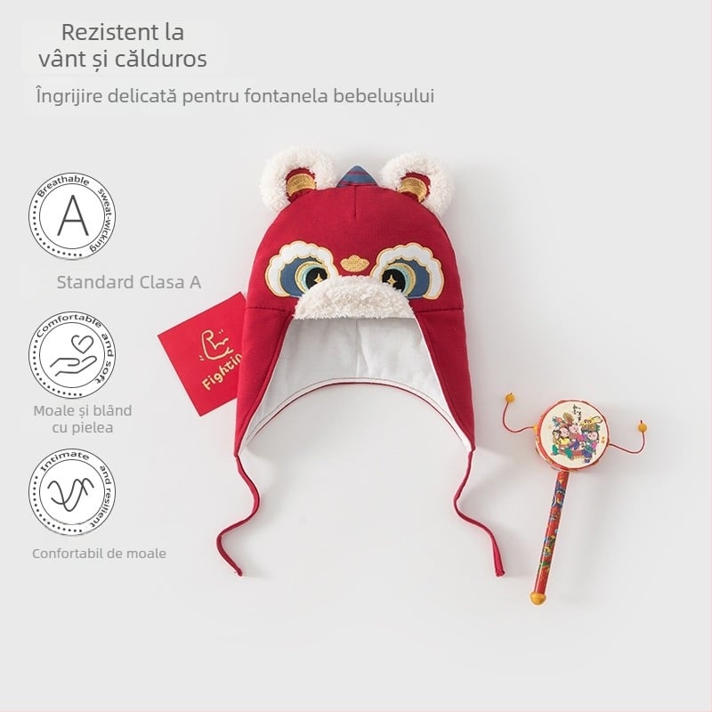 Pălărie bebeluș cu cap de tigru, iarnă, din bumbac, cu protecție pentru urechi, design Leu Roșu de Anul Nou