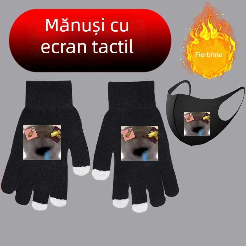 Big-Headed Cat Amnos Mănuși pentru copii cu degete întregi, din lână, pentru vârsta 6–12 ani, iarnă, cu ecran tactil, model desen animat
