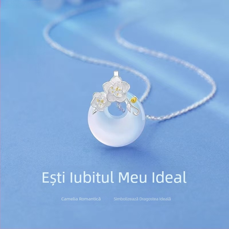 Colier din argint 925 cu floare Camelia din calcedon, lanț pentru claviculă, cadou de Ziua Îndrăgostiților