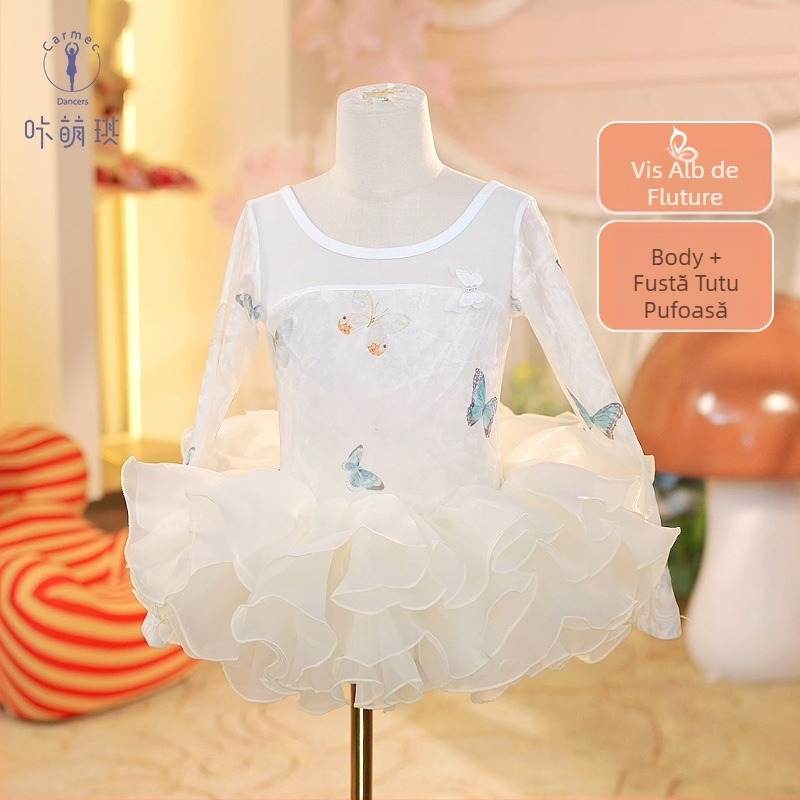 Set de dans pentru copii, balet, 2026 nou stil, rochie de balet alb imprimată cu mâneci lungi pentru fete, fustă tutu, stil prințesă, două piese