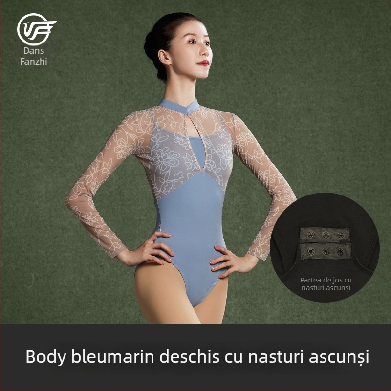 Body balet din dantelă, mâneci lungi, costum de gimnastică pentru antrenament, iluzie de două piese, toamnă-iarnă