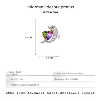 Broșă cu delfin și inimă, în stil lux discret, temă oceanică, accesoriu pentru femei toamnă–iarna