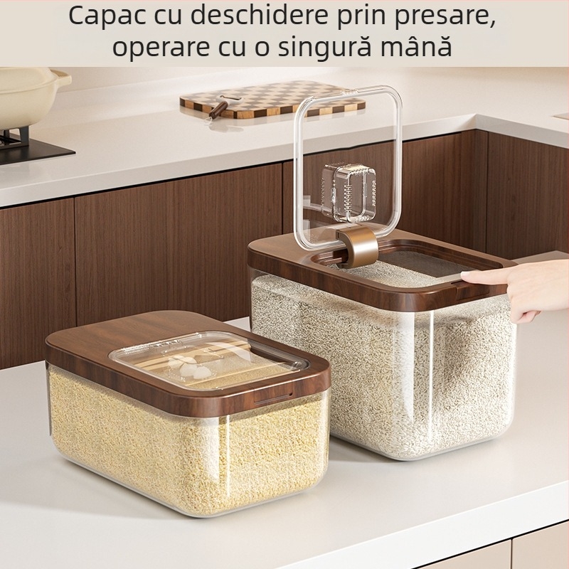 Recipient sigilat pentru depozitare orez, protecție împotriva umezelii și insectelor, din plastic, capacitate sub 4 L, pentru orez și făină