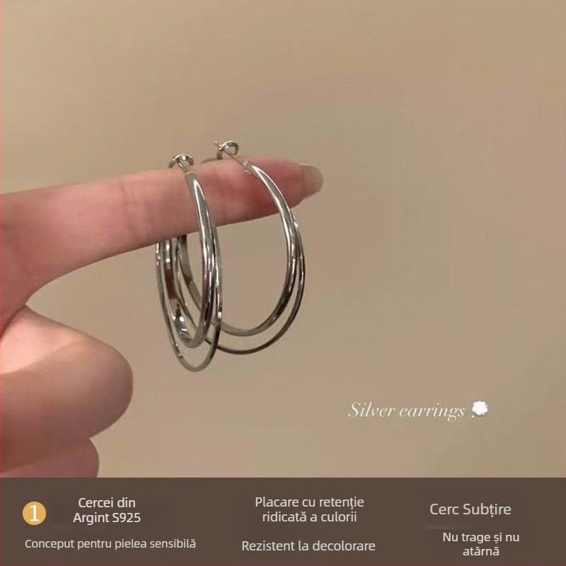 Cercei cu cercuri dublu stratificate din argint 925, pentru femei – mari și eleganți