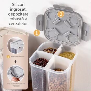 Recipient plastic sigilat, de calitate alimentară, pătrate pentru cereale și orez, cu compartimente separate