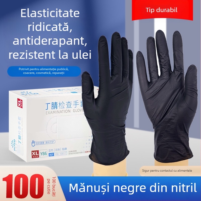 Mănuși de unică folosință din nitril, îngroșate și rezistente, negre, de calitate alimentară, cu textură antiderapantă, pentru bucătărie, uz casnic și înfrumusețare/coafură
