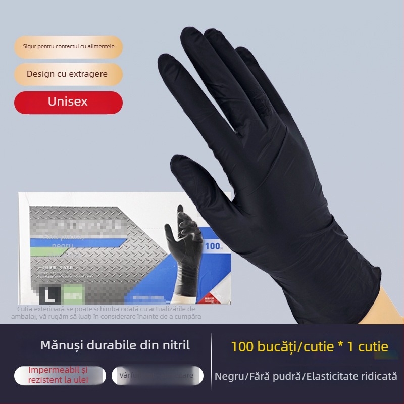 Mănuși de unică folosință din nitril, îngroșate și rezistente, negre, de calitate alimentară, cu textură antiderapantă, pentru bucătărie, uz casnic și înfrumusețare/coafură
