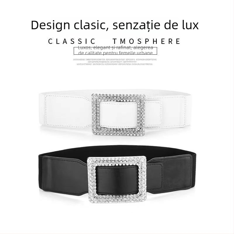 Curea elastică de talie pentru femei, cu cristale, stil coreean, din PU, 60–80 cm