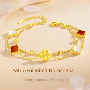 Brățară dublă din argint S925 cu inimă și trifoi cu patru foi, agat și floare din scoică albă, stil elegant discret, unisex