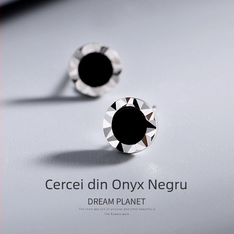 Cercei bărbătești din onix negru, design circular cu dantelă, stil minimalist sofisticat