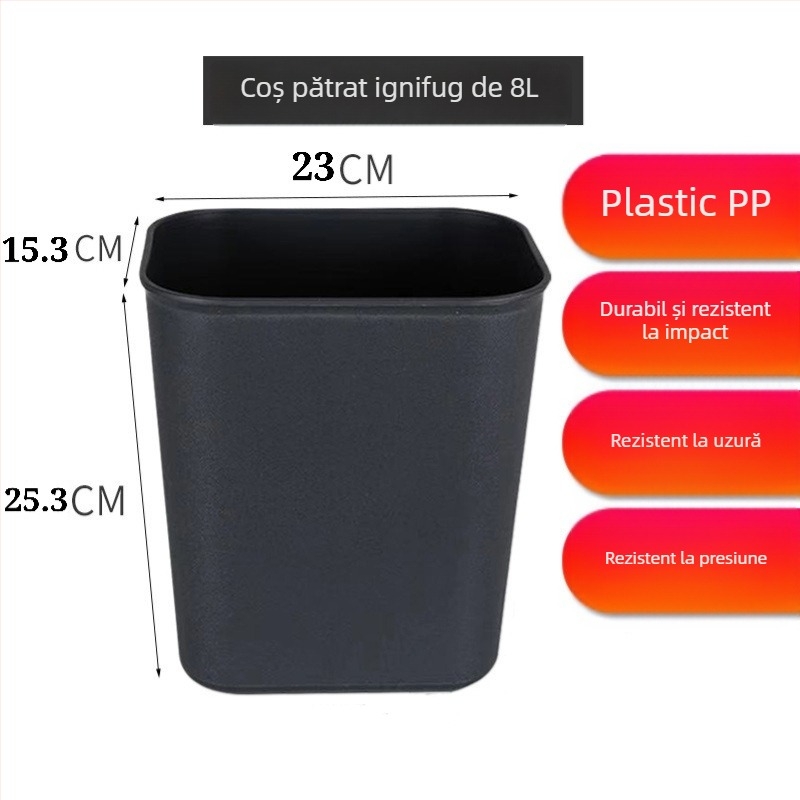 Coș de gunoi din plastic dreptunghiular, satinat, fără capac, cu 8 L capacitate, întărit, rezistent la presiune, pentru uz casnic