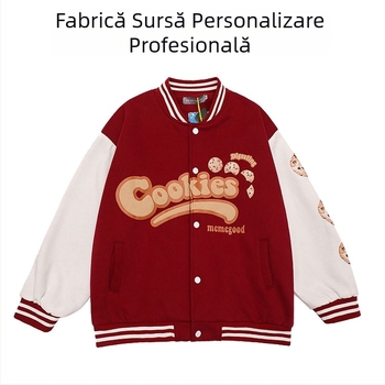 Jachetă cardigan baseball burgund din fleece pentru bărbați, stil retro, cu logo brodat, guler rotund, închidere cu nasturi simple, țesătură groasă, mărimi S-XXXL