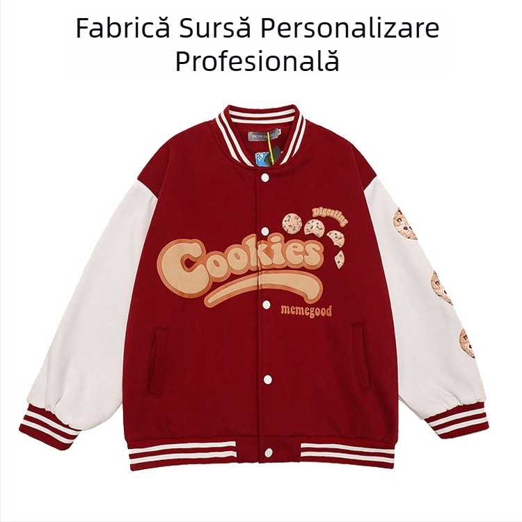 Jachetă cardigan baseball burgund din fleece pentru bărbați, stil retro, cu logo brodat, guler rotund, închidere cu nasturi simple, țesătură groasă, mărimi S-XXXL