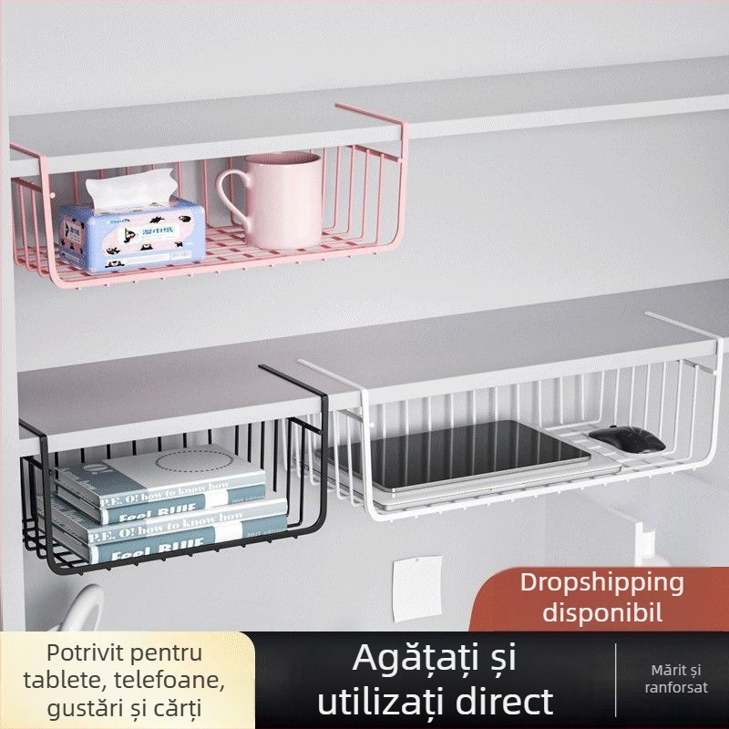 Raft de depozitare sub birou, fără găuri, coș suspendat pentru cămin, organizator de bucătărie pentru condimente, cu un singur nivel
