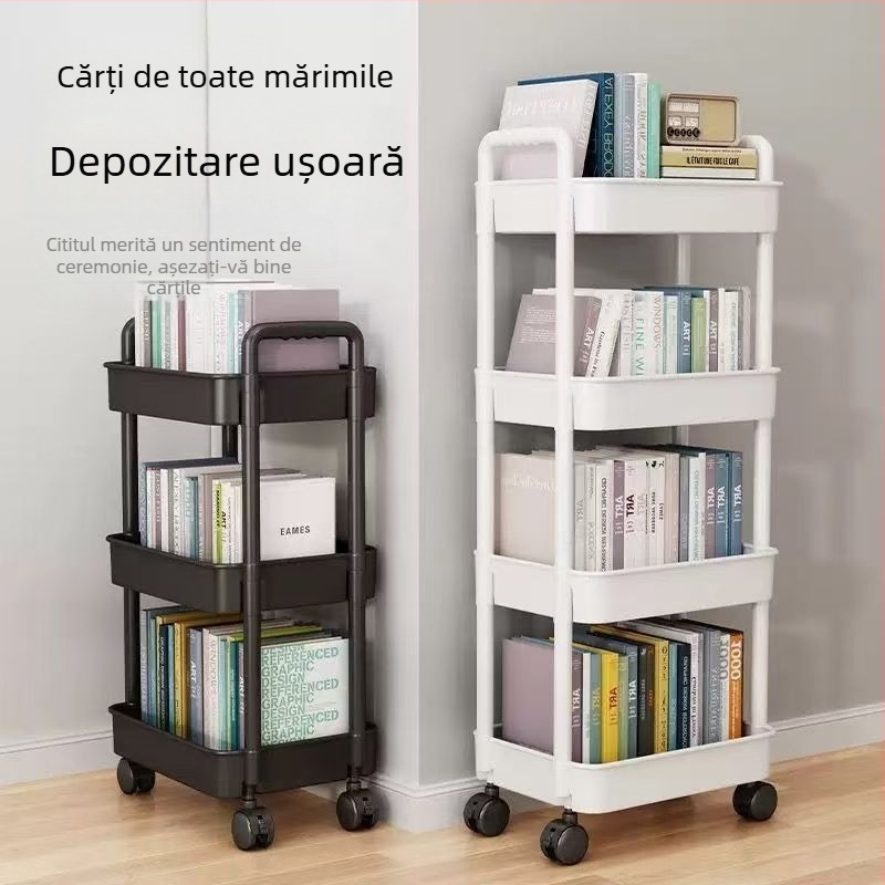 Carucior mobil de depozitare din plastic, cu patru etaje, cu roți, pentru bucătărie și casă, etajeră versatilă pentru gustări și cărți