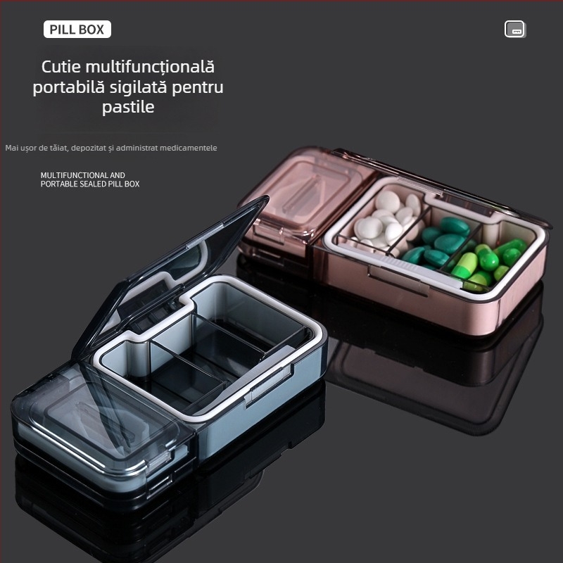 Cutie portabilă pentru pastile cu tăietor, 4 compartimente, sigilată, rezistentă la umiditate, pentru călătorii și primul ajutor