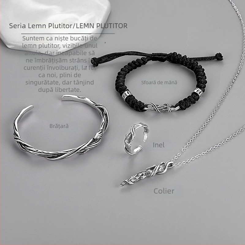 Brățară vintage din lemn pentru bărbați, șnur împletit – stil minimalist, aspect argintiu
