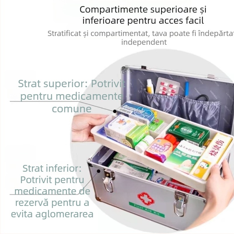 Cutie de medicamente din aliaj de aluminiu, pentru uz casnic, cu compartimente, portabilă, trusă de prim ajutor