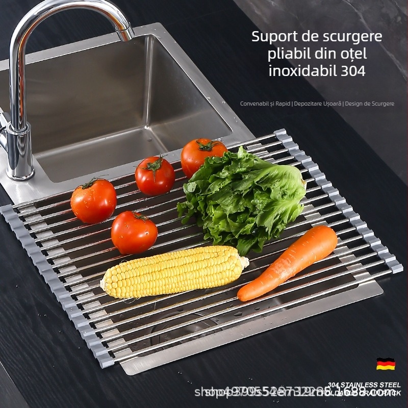 Raft de scurgere din oțel inoxidabil pentru chiuveta bucătărie, pliabil, tavă de uscare din silicon anti mucegai