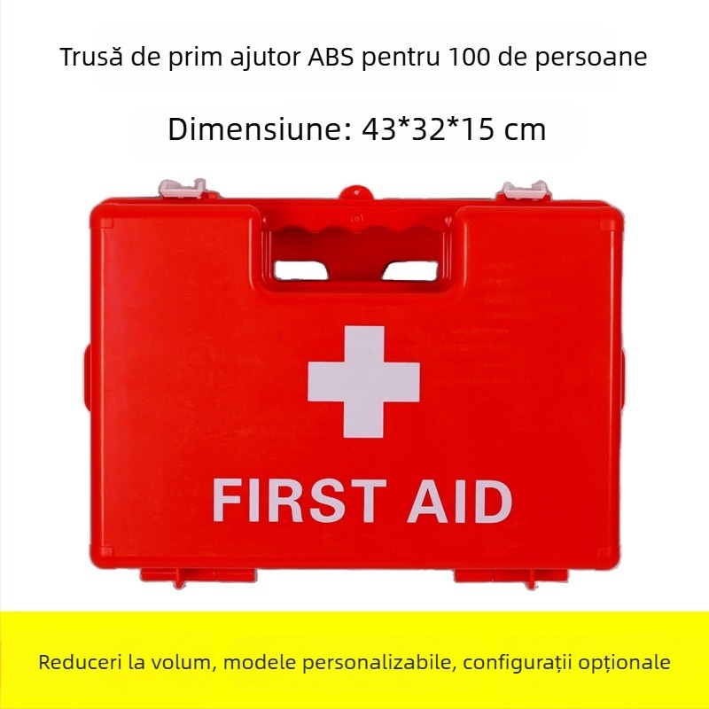 Kit de prim ajutor ABS pentru 100 persoane – cutie de urgență din plastic, montat pe perete, pentru uz în întreprinderi, dimensiuni 43×32×15 cm, culoare personalizabilă
