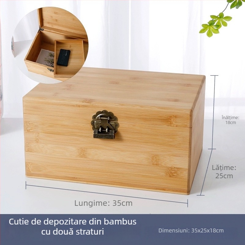 Cutie de depozitare din lemn cu două compartimente, închisă, finisaj din bambus