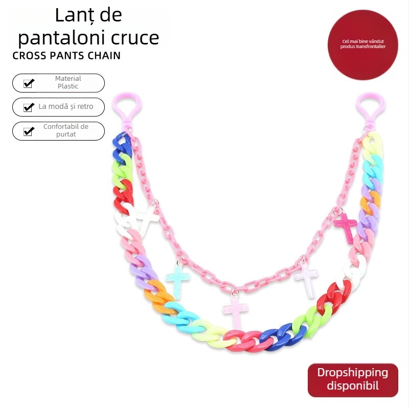 Lanț de talie dublu în stil hip-hop, cu pandant cruciform, acrilic colorat