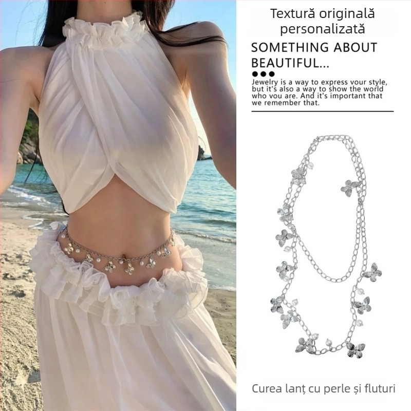 Lanț de talie multistrat, cu scoici de perle, stil Y2K, lanț metalic pentru talie, accesorii pentru fustă scurtă