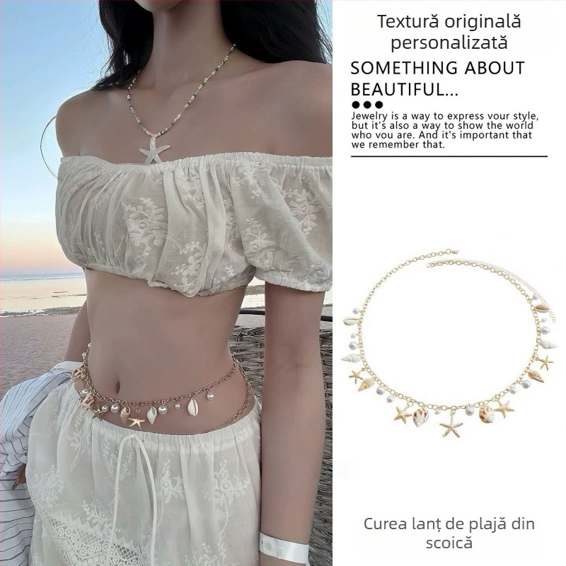 Lanț de talie multistrat, cu scoici de perle, stil Y2K, lanț metalic pentru talie, accesorii pentru fustă scurtă