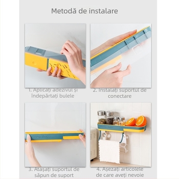 Raft de baie montat pe perete pentru săpun și accesorii – montaj fără găuri, cu bandă adezivă