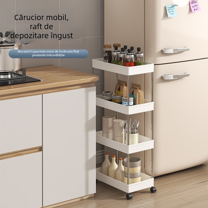 Raft de depozitare mobil, 4 niveluri, pentru spații înguste; potrivit bucătăriei, băii și sufrageriei