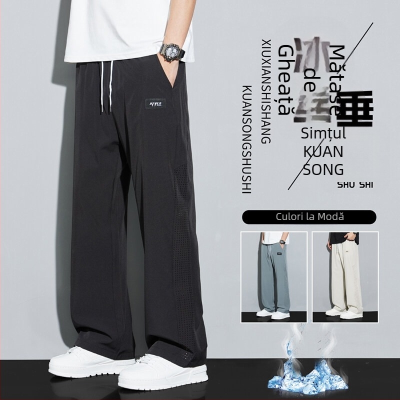 Pantaloni bărbați de vară din ice-silk, ușori, cu cădere elegantă, largi, drepti, casual
