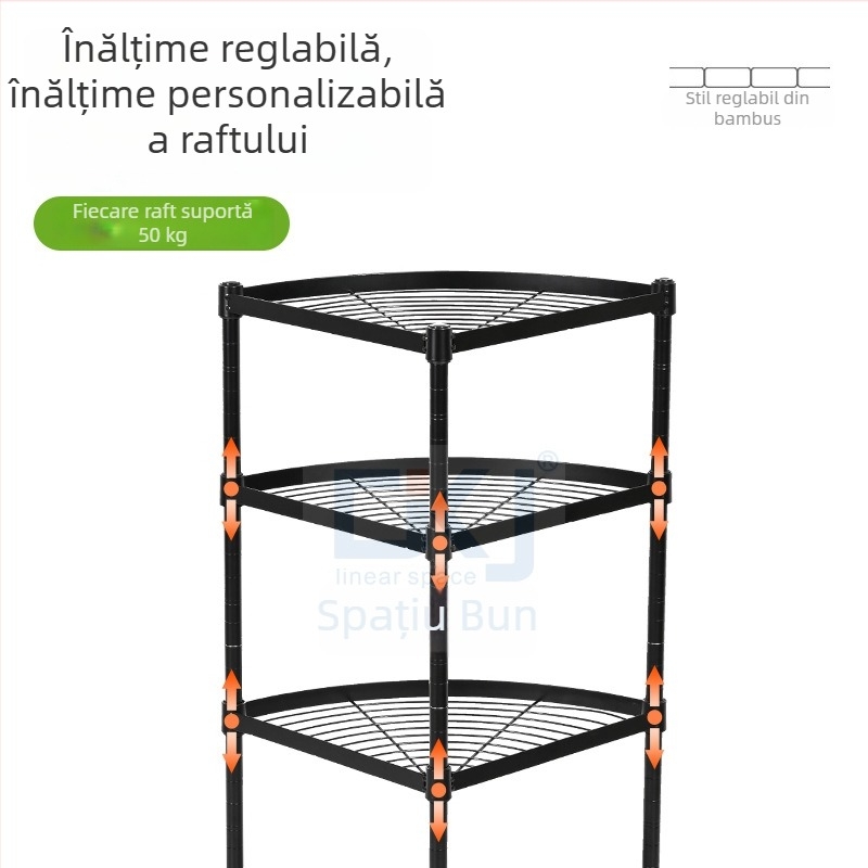 Raft de colț pe podea, patru etaje, din oțel carbon, 90×35×150 cm; multifuncțional, detașabil, montaj fără găuri; potrivit pentru baie, bucătărie, dormitor și living