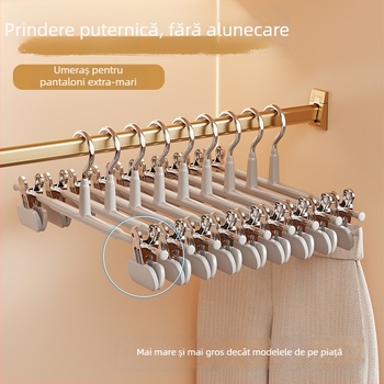 Raft pentru pantaloni cu clipsuri și umeraș, clipuri late și groase, anti-derapant pentru depozitarea pantalonilor