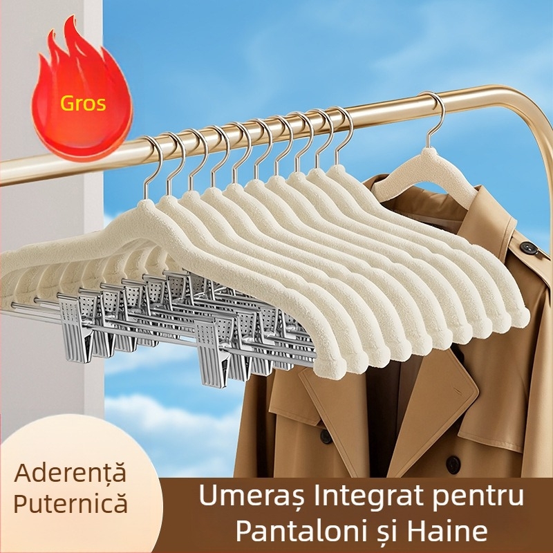 Umerașe din velur pentru haine și pantaloni, cu clipsuri, antiderapante, fără urme, set 2 în 1