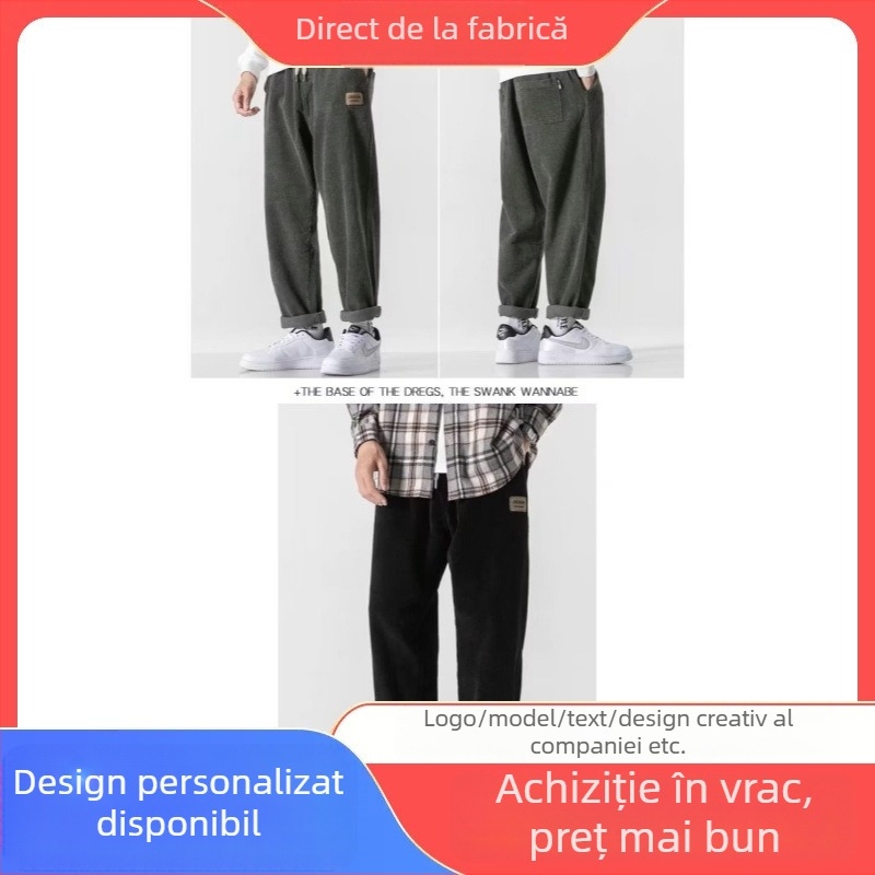 Pantaloni bărbați corduroy cu căptușeală de fleece, croi cropped, slim-fit cu drapaj, pantaloni casual de costum