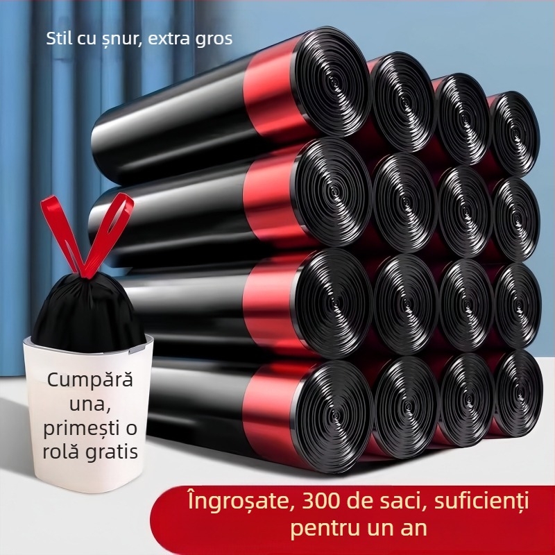 Sac de gunoi cu șnur, grosime îngroșată, dimensiune mare, uz casnic, pungă din plastic cu închidere automată