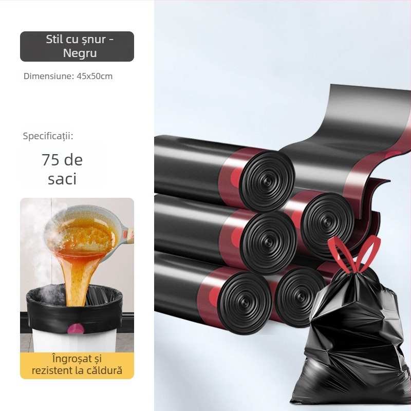 Sac de gunoi cu șnur, grosime îngroșată, dimensiune mare, uz casnic, pungă din plastic cu închidere automată