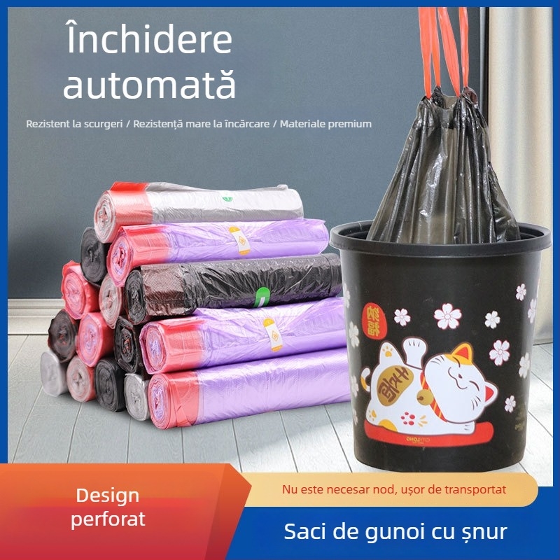 Pungi groase de gunoi, de unică folosință, cu șnur, din plastic, colorate, pentru uz casnic, birou și cămin