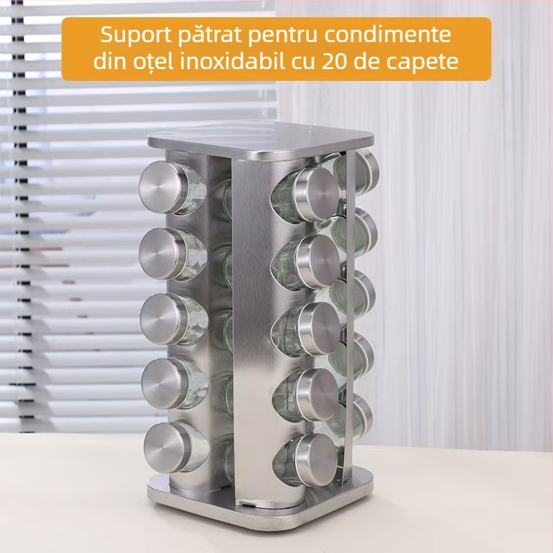 Raft de depozitare pentru condimente din oțel inoxidabil, rotativ, set de borcane de diferite dimensiuni