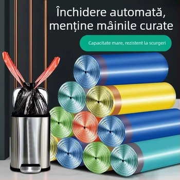 Saci de gunoi de uz casnic, mari, colorati, cu șnur pentru închidere, cu retractare automată, pentru mâini curate