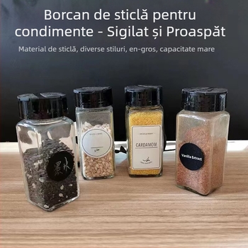 Recipient pătrat de sticlă pentru condimente, cu capac în formă de fluture, pentru piper măcinat și alte condimente uscate
