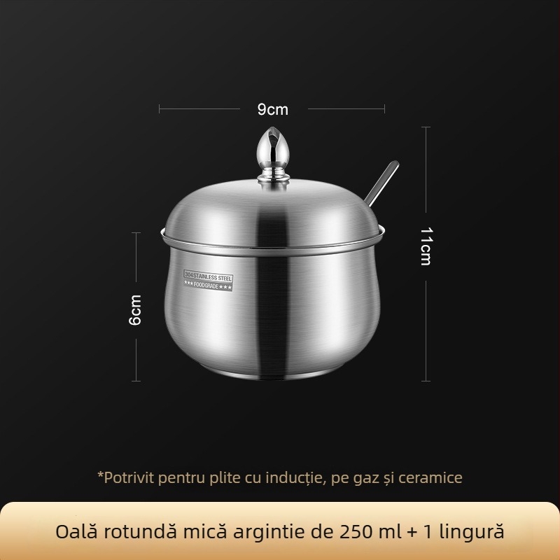 Recipient din oțel inoxidabil 304 pentru condimente, cu lingură și capac – borcan sigilat pentru sare, condimente, ulei de ardei iute și untură, design modern