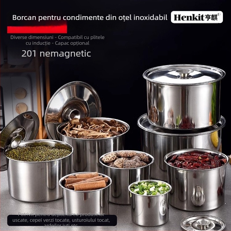 Recipient din oțel inoxidabil, rotund, pentru condimente, capacitate mare pentru condimente lichide, potrivit bucătăriei de acasă și uzului comercial, cu design îngroșat