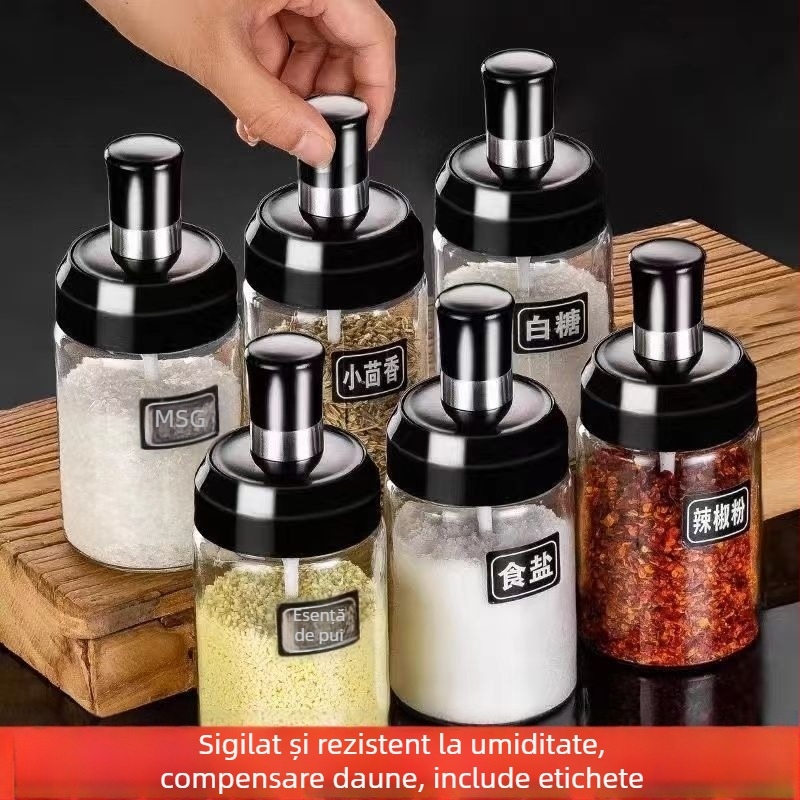 Set de condimente din sticlă cu capac integrat și linguriță, recipiente pentru condimente și sare pentru bucătărie