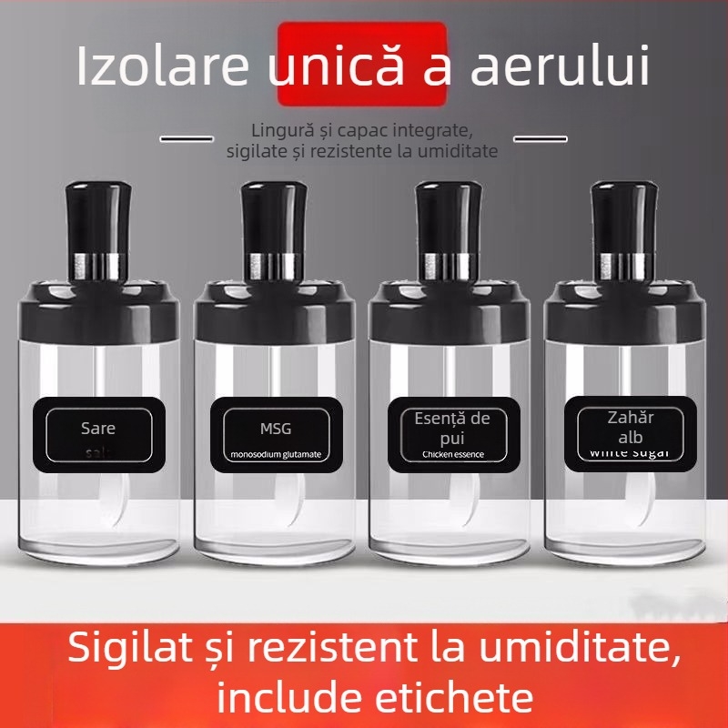 Set de condimente din sticlă cu capac integrat și linguriță, recipiente pentru condimente și sare pentru bucătărie