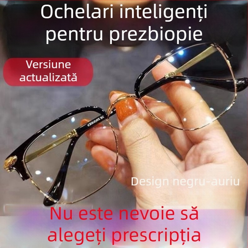 Ochelari de lectura de înaltă calitate, zoom inteligent, reglare automată a dioptriilor, anti-lumină albastră, design fără ramă cu componente din titan, set de lentile